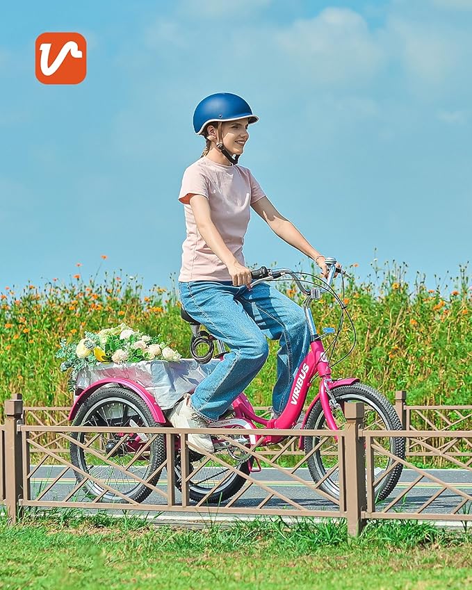 VIRIBUS Folding Tricycle for Adults, 20 inch Foldable Adult Tricycle 1 or 7 Speed Speed with Basket, Folding 3 Wheel Bikes for Adults Senior Women Men, Collapsible Mini Trike, Three Wheeler 330lb.