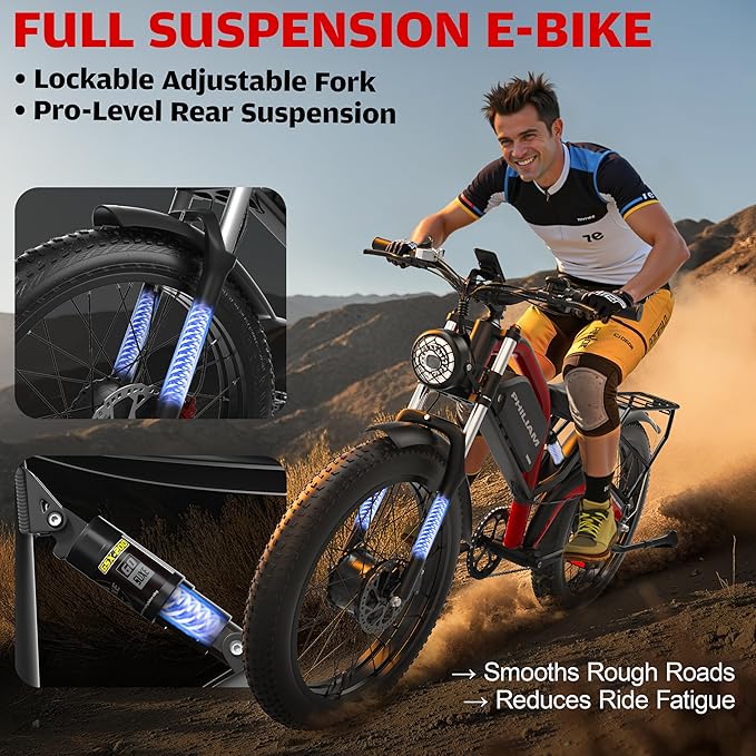 Electric Bike for Adults,5000W/3000W Peak Dual Motor ebike 35MPH E Bikes for Men Women,52V 32/23AH Battery, 80/100 Miles Range Ebike,26”Fat Tire Full Suspension E-Bike