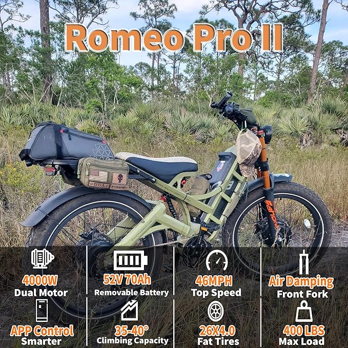eAhora Romeo Pro 3/2 [2026] 46-50 Mph Electric Bike for Adults, Peak 5600W Dual Motor Ebike, 60V/52V 80Ah/70Ah 250 Miles Long Range E Bike, 26”*4.0 Fat Tire Air Full Suspension Off-Road E-Bike