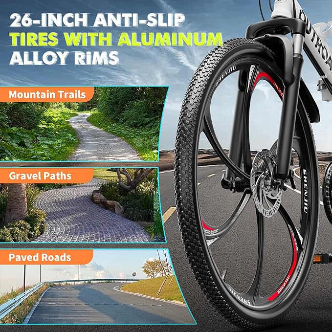 26 Inch Folding Mountain Bike, 21 Speed Full Suspension Bicycle Dual Disc Brake Non-Slip Quick Release tire for Adults Men Women(Balck/Pink/Green/Orange/White/Purple)