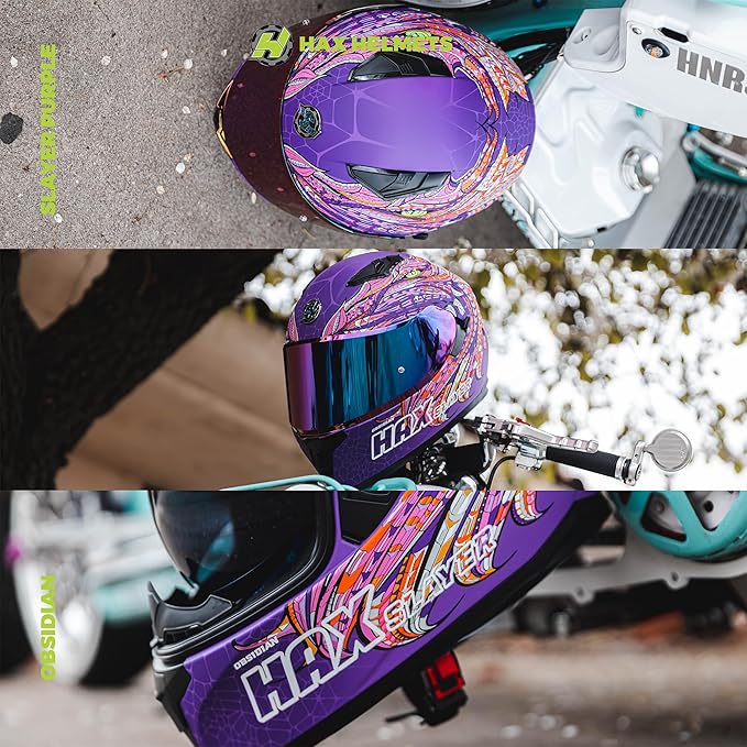 HAX Obsidian Full Face Dual Visor Adult Motorcycle Helmet for Motorbike Street Bike with Pinlock Ready DOT Approved Slayer Purple XL