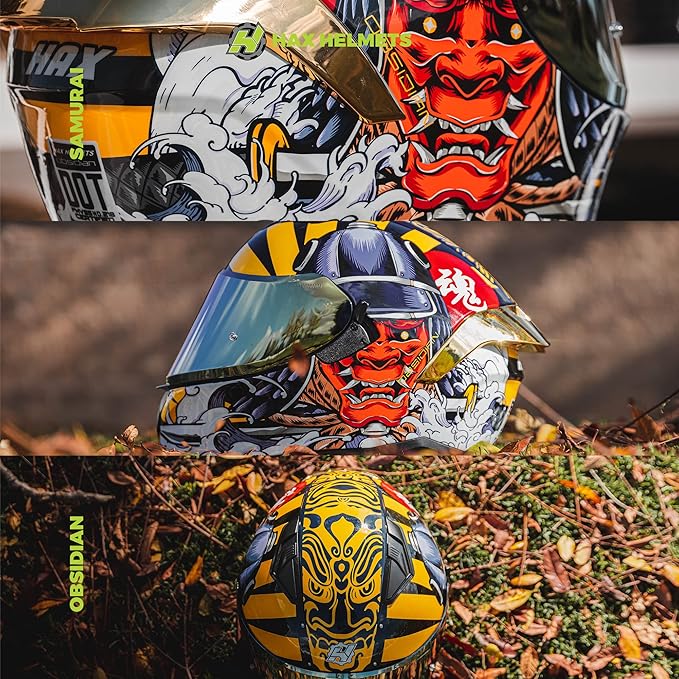 HAX Obsidian Full Face Dual Visor Adult Motorcycle Helmet for Motorbike Street Bike with Pinlock Ready DOT Approved Samurai Gold XL