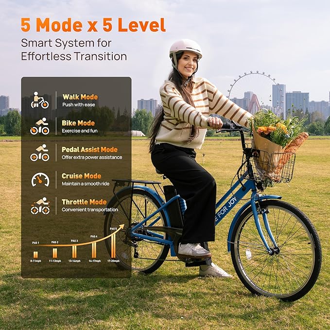 26" Electric Bike,1000W Peak City Cruiser Ebikes,20MPH 70Miles Step Thru Electric Bicycle with 48V Removable Battery,Detachable Foldable Basket,Rear Rack(TUV & UL2849)