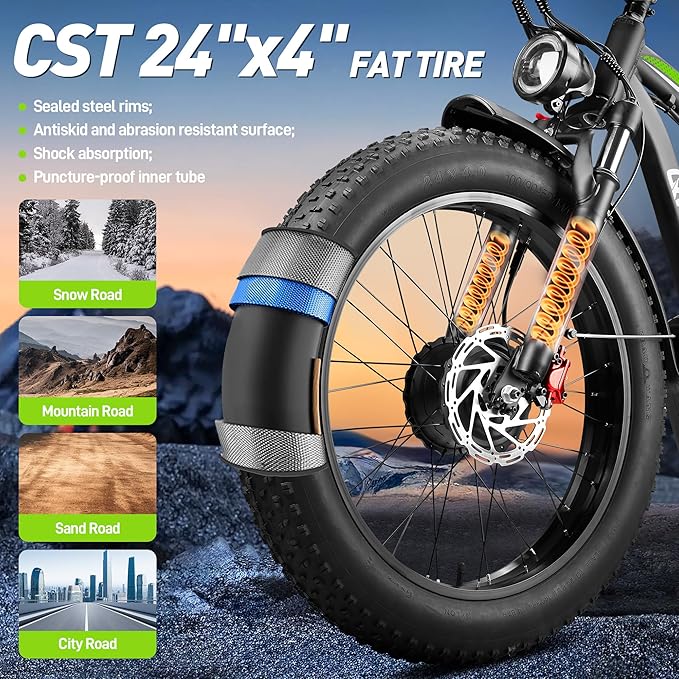 58V Max-Output Dual Motor Ebike, Peak 9000W for Adults 36AH Battery 47MPH 105 Miles Range 24 Inch Fat Tire Electric Bike LCD Display for Man Women