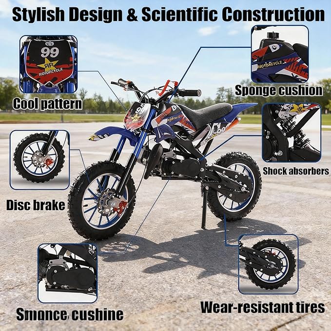 49cc Kids Dirt Bike,2-Stroke Children Moto Gas Powered Motorcycle Off Road Mini Bike Beach Vehicle with Front Rear Disc Brakes Pull Start for Boys & Girls Ages 8-14 Gifts Blue