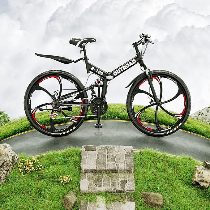 26 Inch Adult Folding Mountain Bike, 21 Speed Foldable Bicycle with Full Suspension, High Carbon Steel Frame, Folding Bikes for Men/Women/Teen, Dual Disc Brake