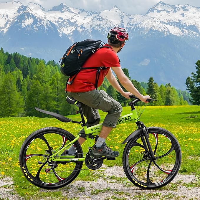 Outroad 26 Inch Folding Mountain Bike, 21 Speed Full Suspension High-Carbon Steel MTB Foldable Bicycle, Dual Disc Brake Non-Slip Folding Bikes for Adults/Men/Women, Black, Orange and Green