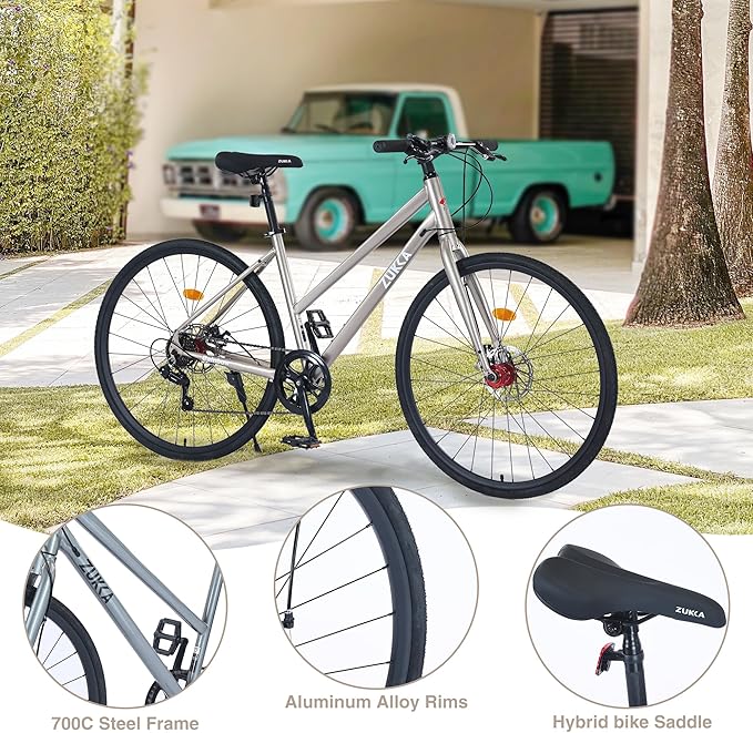 700C Road Bike for Adult 7 Speed Road Bike Hybrid Road Bicycle Carbon Steel Frame/Dual-Disc Brakes/Multiple Colors
