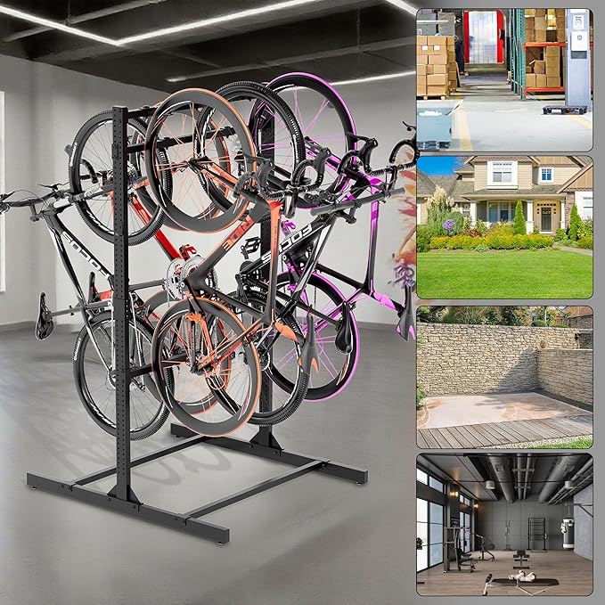 Freestanding Bike Rack Storage, 6 Bike Rack Adjustable Height, Space Saving, Vertical Floor Stand Bike Storage Garage for Backyard, Garage Organizer, Workplace, Up to 600 LBS (Upgraded 6 Bike Rack)