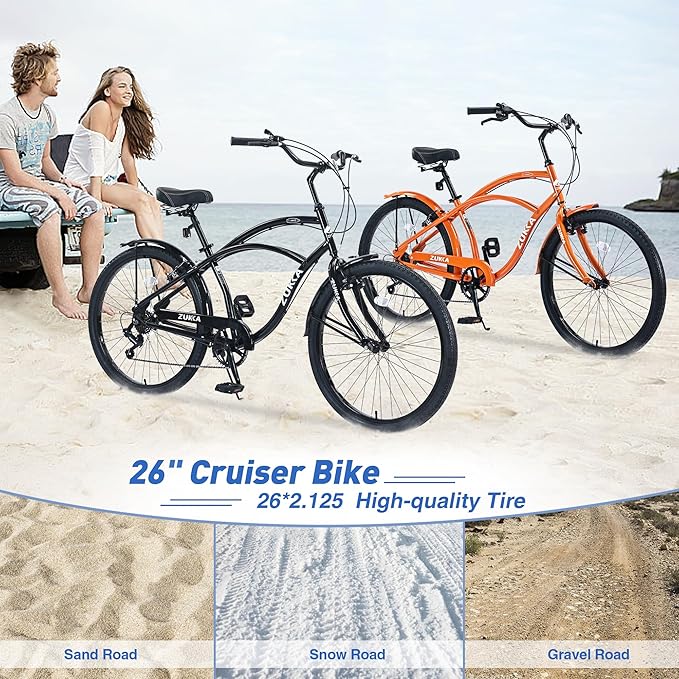 26 Inch Beach Cruiser Bike for Women/Girls/Men/Senior/Adults, City Hybrid Bike 7 speeds Steel Frame Commuter Bike for Women Men Senior, 7 Colors
