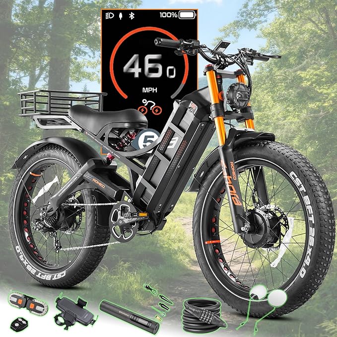 eAhora Romeo Pro 3/2 [2026] 46-50 Mph Electric Bike for Adults, Peak 5600W Dual Motor Ebike, 60V/52V 80Ah/70Ah 250 Miles Long Range E Bike, 26”*4.0 Fat Tire Air Full Suspension Off-Road E-Bike