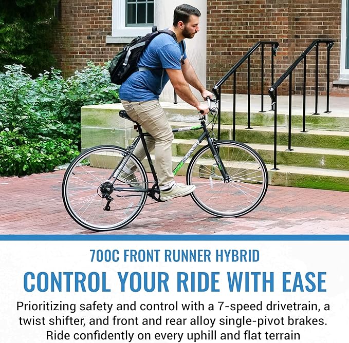 Kent International Front Runner Hybrid Bike - 700c - City Bike with 7 Speed Drivetrain, Lightweight Alloy Wheels, and Height Adjustable Seat Post and Stem - Great for Women and Men Ages 14+