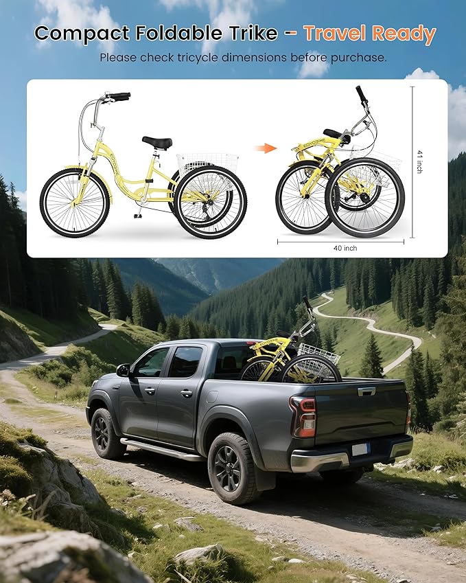 Slsy Adult Folding Tricycles, 7 Speed Folding Adult Trikes, 20 24 26 Inch 3 Wheel Bikes with Low Step-Through, Foldable Tricycle for Adults, Women, Men, Seniors