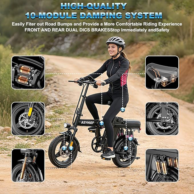 14" Folding Electric Bike for Adults, 1200W Motor 25MPH, 10-Point Suspension & High-Tensile Steel Frame, Commuter Ebike with Removable Battery 48V 10Ah