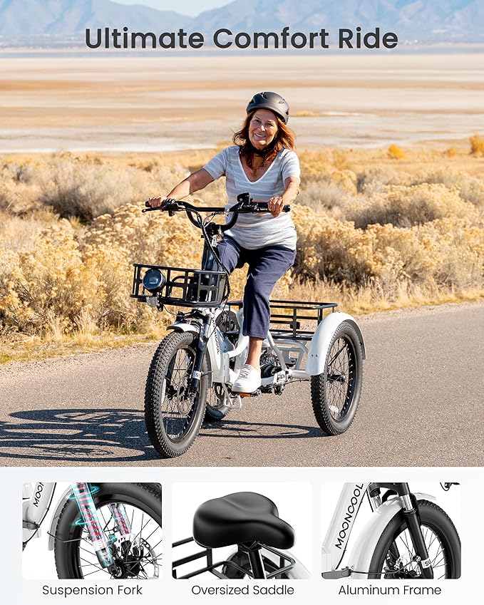 MOONCOOL Electric Trike for Adults, 500W/750W 48V Electric Tricycle for Adults Peak Power 1500W, 20"x3.0" Fat Tire 3 Wheel Electric Bike, Folding Aluminum Adult Tricycle with Removable Battery