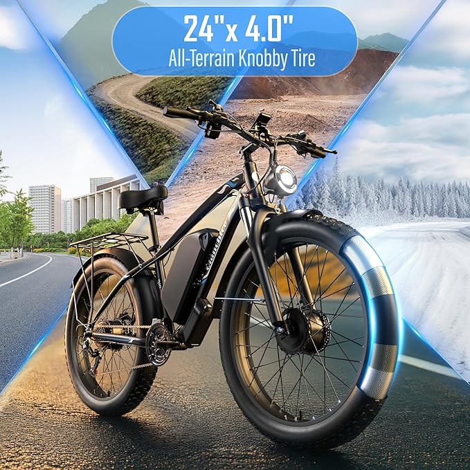 Dual Motor Electric Bike for Adults-6000W Peak, 52V 34AH Battery, 40-45MPH 100 Miles Long Range Ebike, Fat Tire 24 Inch, 7-Speed Hydraulic Brake, Electric Bicycles for Mountain Commuter