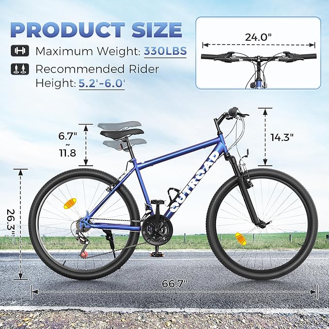 26" Mountain Bike, 7-Speed Lightweight High-Carbon Steel Frame, V Brakes & Front Suspension - Adjustable Ergonomic Seat for Men & Women(Quick Assembly, Multiple Colors)
