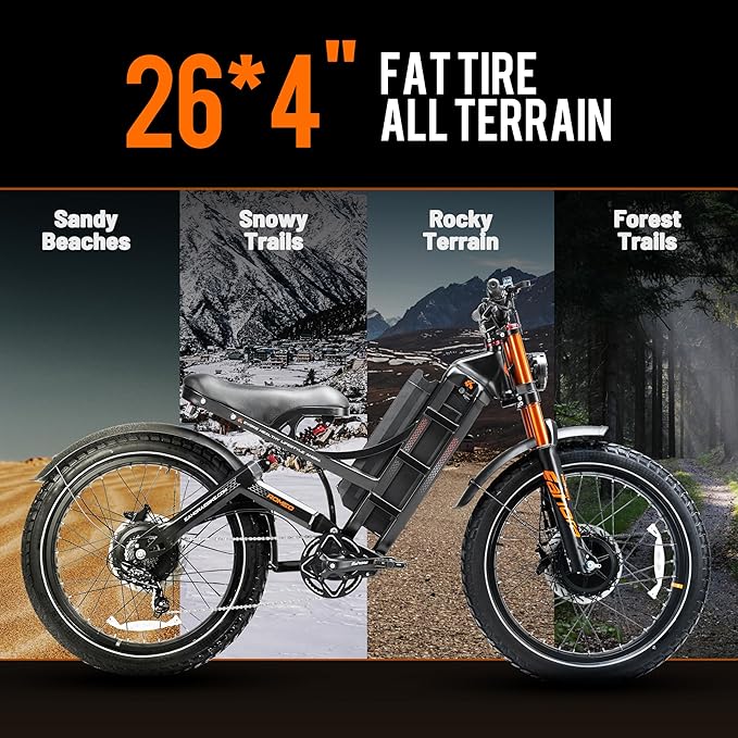eAhora Romeo Pro 3 Electric Bike - [2026 Latest] 50MPH 5600W Dual Motor 60V 80AH 250Miles Long Range Ebike for Adults, 26" * 4.0 Fat Tire Fast Electric Mountain Bike Full Suspension Off-Road E-Bike