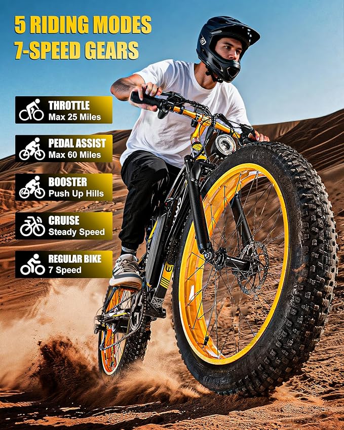 Electric Bike for Adults,1500W Peak Motor E Bikes, 26" Fat Tire Electric Bicycle, 30/33 MPH 60/70 Miles Electric Mountain Bike, Removable Battery, Dual Brake, 7 Speed