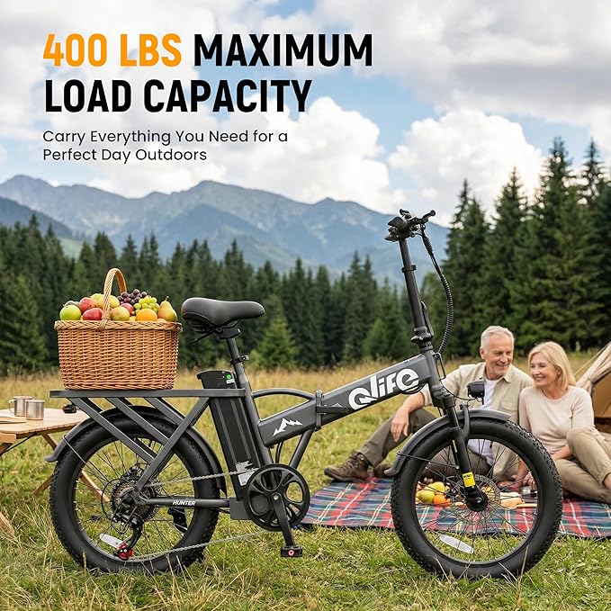 Qlife Hunter Foldable Electric Bike for Adults, Peak 1200W Ebike with 48V 13.5Ah Battery, 65-Mile Range, Heavy-Duty Rear Rack, 20-Inch Fat Tires, Folding E Bike for Commuting & Outdoor Use