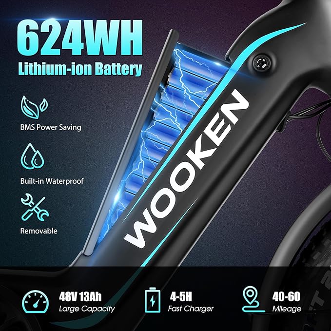 Wooken Electric Bike for Adults, Peak 1000W Motor Ebike,20"x4.0" Fat Tire Electric Bike,48V 624WH Removable Lithium-ion Battery,Up to 60 Miles,Step-Thru Electric Mountain Bike,SGS Certified to UL 2849