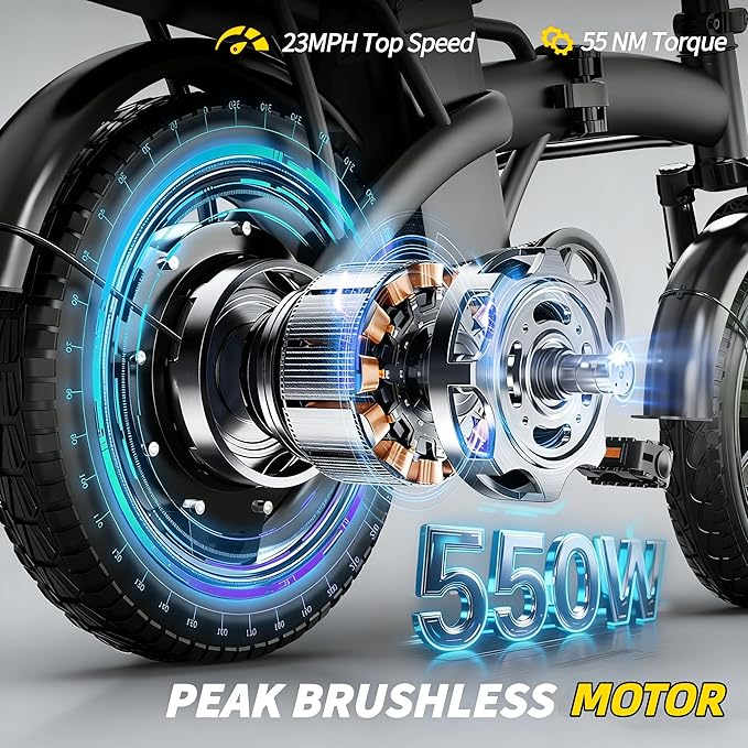 Electric Bike for Adults&Teens,550w Motor | 48V 12V Removable Battery | 23Mph Speed | PAS Mode 35 Miles Range | 14" Foldable E-Bike | Dual Disc Brakes | Ul 2849 Certified | Commuter Mini Bikes
