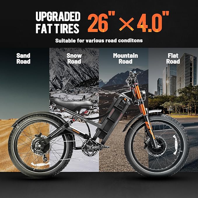 (2025 Version) Eahora Romeo Pro 2 4000W Dual Motor Ebike,46MPH 52V 70AH Battery 200Miles Long Range Ebike,Full Suspension 26'' Fat Tire Electric Bike for Adults with APP Control