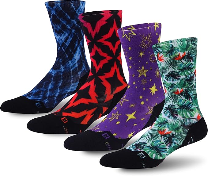 HUSO Unisex Funky Digital Printed Athletic Crew Hiking Cycling Socks 4 Pairs