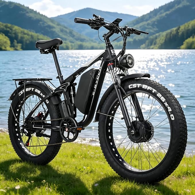 6000W Electric Bike for Adults, 52V 32AH Dual Motor E-Bike, Up to 100Mile & 45MPH All-Terrain Fat Tires Full Suspension 24/26 Inch Electric Bicycles Hydraulic Disc Brake for Road UL2849 by SGS