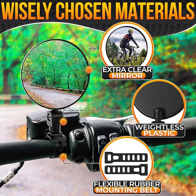 Bike Mirror Handlebar Mount – 2Pcs Bicycle Mirrors for Handlebars, Clear & 360° Adjustable View, Secure, Damage-Resistant for Mountain, BMX & City Bikes