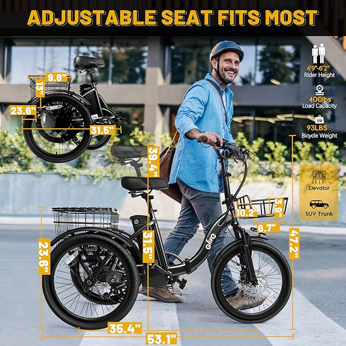 Qlife Triker Electric Bike, Peak 750W/1200W Brushless Motor Folding Trike Ebike, 499Wh Removable Battery, Step-Thru 3 Wheel Electric Bicycle, Up to 55 Miles, 20 Tire Tricycle for Adults