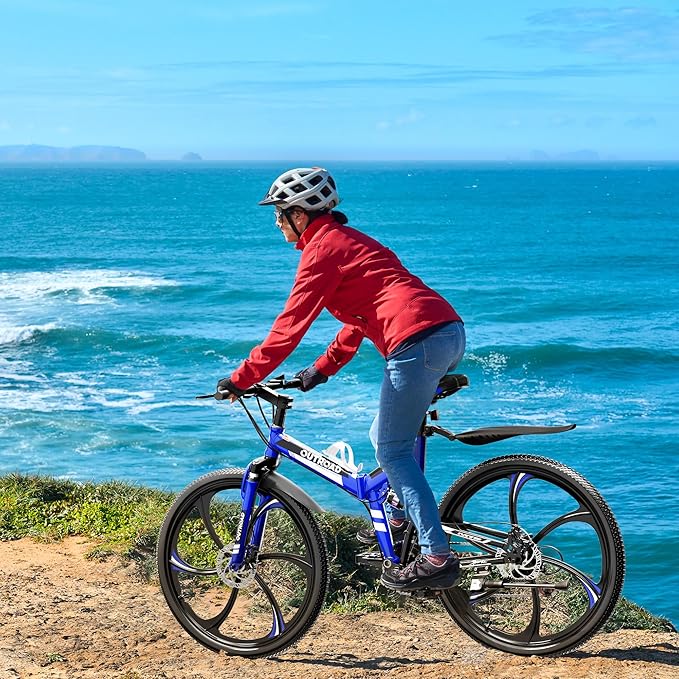 26 inch Folding Mountain Bike, Carbon Steel Frame and 21 Speed, Double Disc Brake and Dual Suspension Folding Bike for Adults/Men/Women, Easy Assembly Bicycle