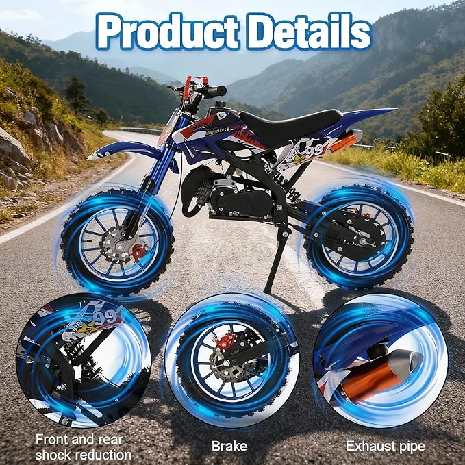49cc Kids Dirt Bike,2-Stroke Children Moto Gas Powered Motorcycle Off Road Mini Bike Beach Vehicle with Front Rear Disc Brakes Pull Start for Boys & Girls Ages 8-14 Gifts Blue