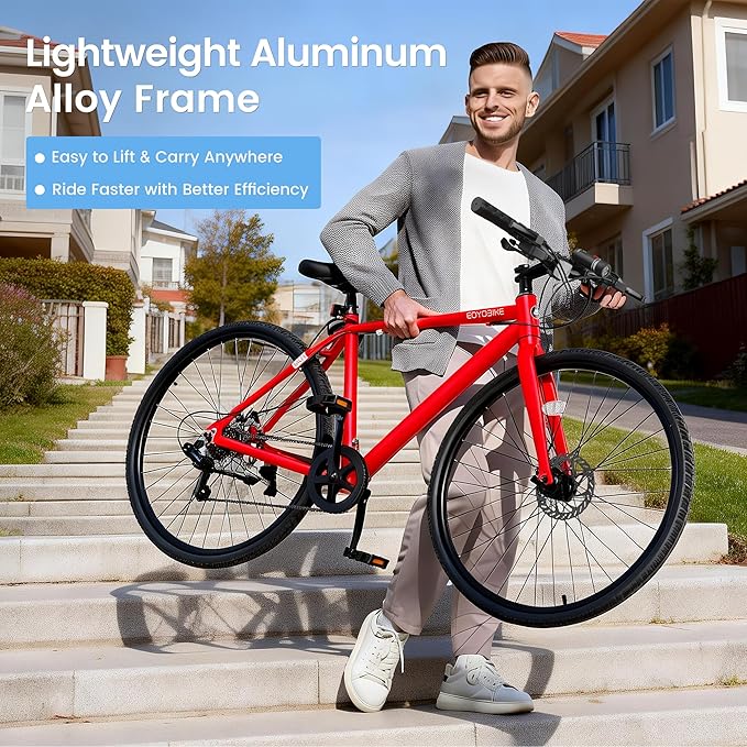 700C Hybrid Bike for Adults, Lightweight Aluminum City Commuter Bicycle, 8-Speed Urban Fitness Bike for Men & Women, Dual Disc Brakes, Upright Handlebar, LED Headlight & Reflectors
