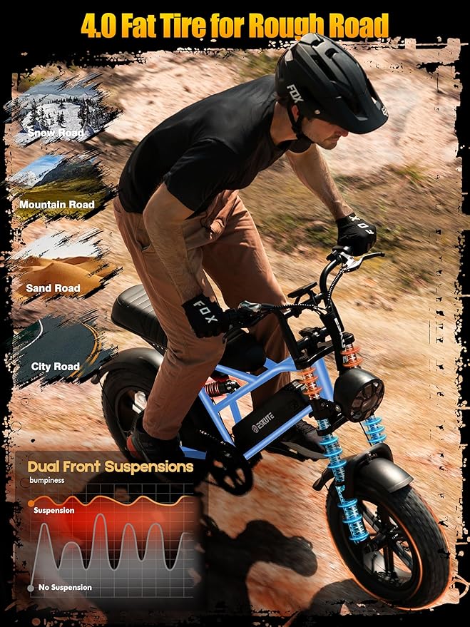 ESKUTE V100 Electric Bike for Adults, Electric Dirt Bike 1500W Peak Motor, All Terrain Dual Suspension E Bike 28MPH Top Speed, Ebike Up to 60 Miles Range, 16" Fat Tire, 48V13Ah Battery, 7-Speed